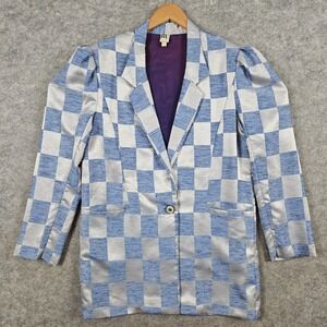 MJ Womens Checkered Blazer Size 14 Blue Silver One Button Statement Jacket SPOTS